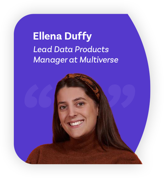 Photo of a woman looking happy on a background with quotation marks. Text reads "Ellena Duffy, Lead Data Products Manager at Multiverse"